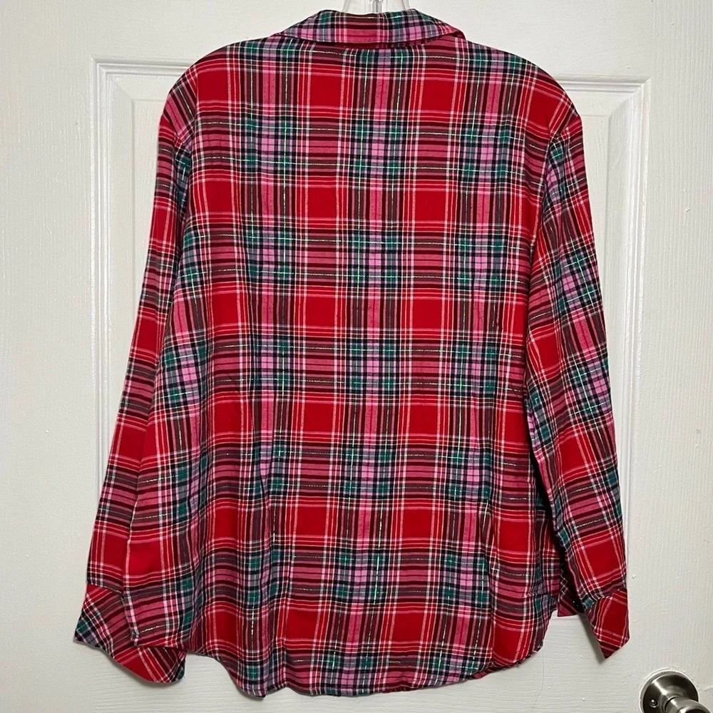 NWT VICTORIA’S SECRET Red Gold Plaid PJ Button Down Sleepwear Top | size Medium